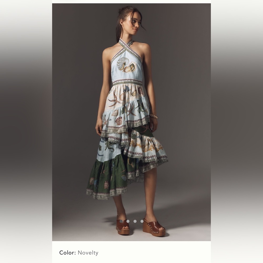Alemais Bath House Linen Tiered Halter Sea Life Print Ruffle Midi Dress US 6